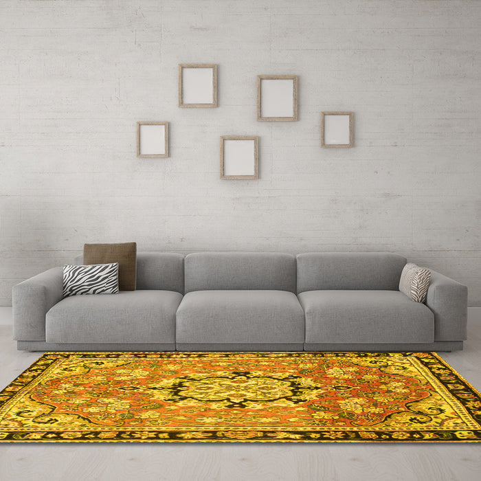Machine Washable Persian Yellow Traditional Rug in a Living Room, wshtr2706yw