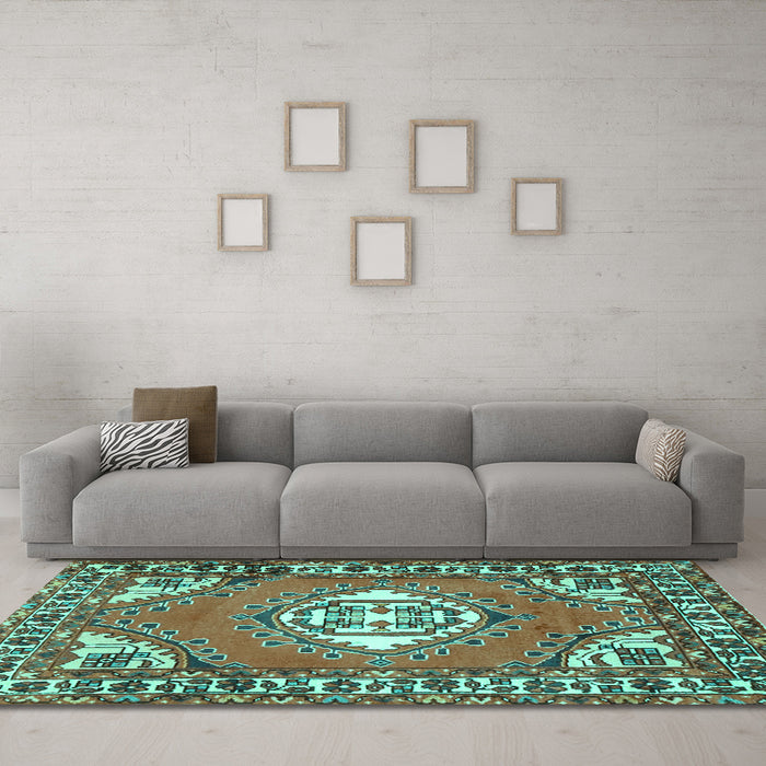 Machine Washable Persian Turquoise Traditional Area Rugs in a Living Room,, wshtr2707turq
