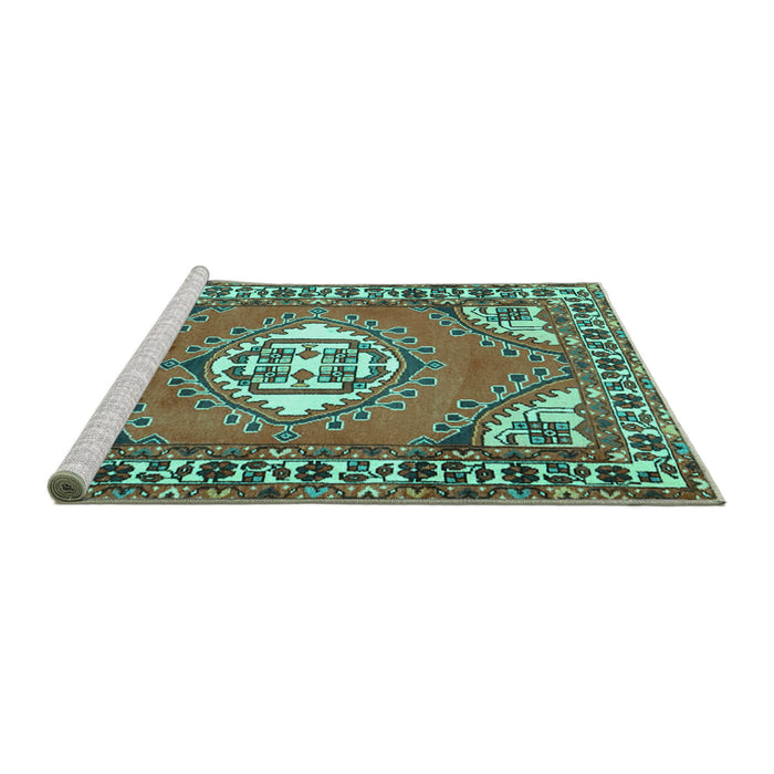 Sideview of Machine Washable Persian Turquoise Traditional Area Rugs, wshtr2707turq