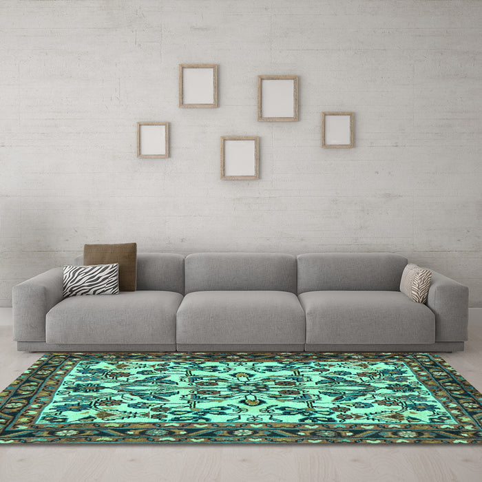 Machine Washable Animal Turquoise Traditional Area Rugs in a Living Room,, wshtr2709turq