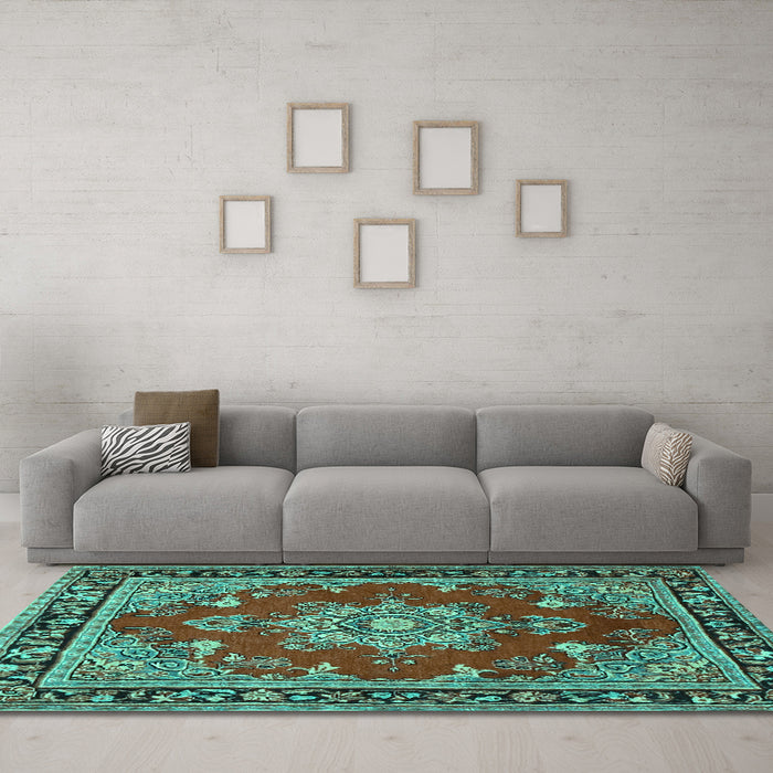 Machine Washable Persian Turquoise Traditional Area Rugs in a Living Room,, wshtr2710turq