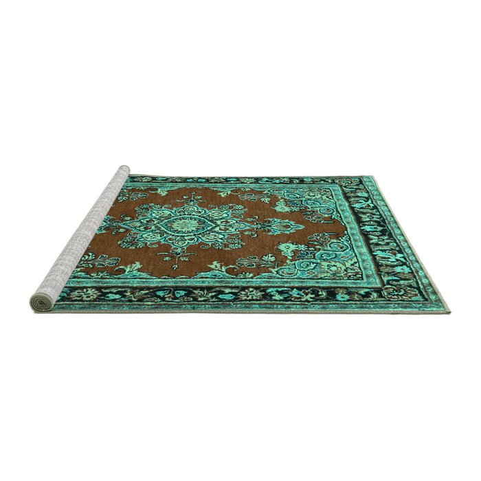 Sideview of Machine Washable Persian Turquoise Traditional Area Rugs, wshtr2710turq