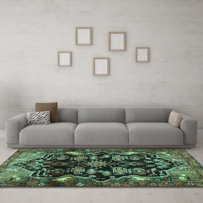 Machine Washable Persian Turquoise Traditional Area Rugs in a Living Room,, wshtr2711turq