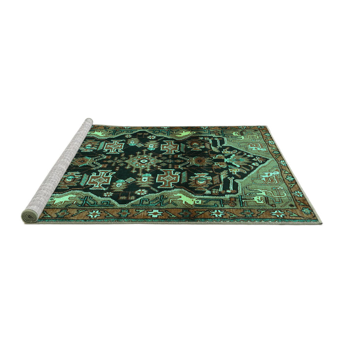 Sideview of Machine Washable Persian Turquoise Traditional Area Rugs, wshtr2711turq