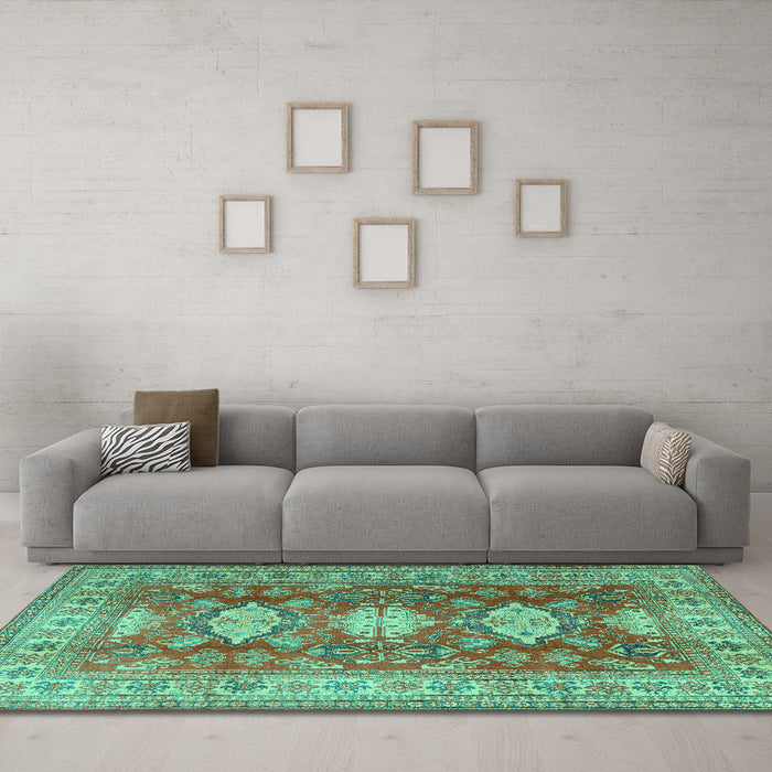 Machine Washable Persian Turquoise Traditional Area Rugs in a Living Room,, wshtr2712turq