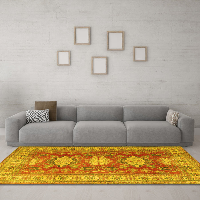Machine Washable Persian Yellow Traditional Rug in a Living Room, wshtr2712yw