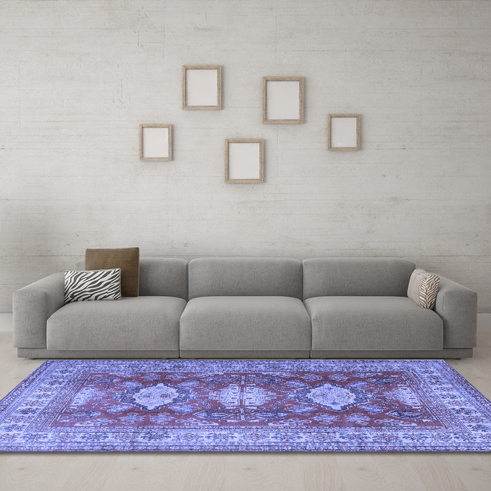 Machine Washable Persian Blue Traditional Rug in a Living Room, wshtr2712blu