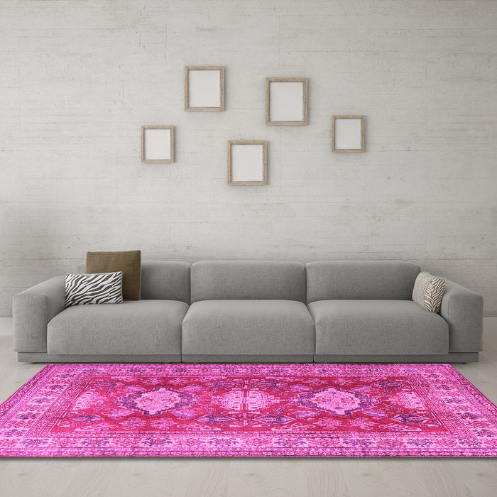Machine Washable Persian Pink Traditional Rug in a Living Room, wshtr2712pnk