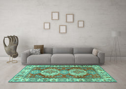 Machine Washable Persian Turquoise Traditional Area Rugs in a Living Room,, wshtr2713turq