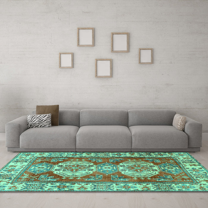 Machine Washable Persian Turquoise Traditional Area Rugs in a Living Room,, wshtr2713turq