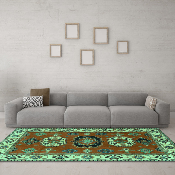 Machine Washable Geometric Turquoise Traditional Area Rugs in a Living Room,, wshtr2714turq