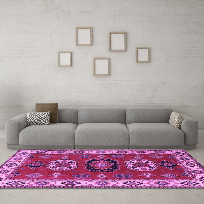 Machine Washable Geometric Purple Traditional Area Rugs in a Living Room, wshtr2714pur