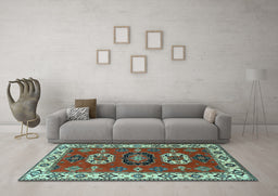 Machine Washable Geometric Light Blue Traditional Rug in a Living Room, wshtr2714lblu