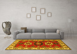 Machine Washable Geometric Yellow Traditional Rug in a Living Room, wshtr2714yw