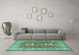 Machine Washable Geometric Turquoise Traditional Area Rugs in a Living Room,, wshtr2715turq