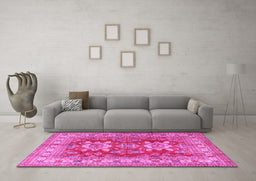 Machine Washable Geometric Pink Traditional Rug in a Living Room, wshtr2715pnk