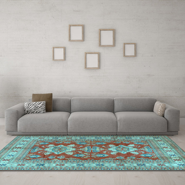Machine Washable Geometric Light Blue Traditional Rug in a Living Room, wshtr2715lblu