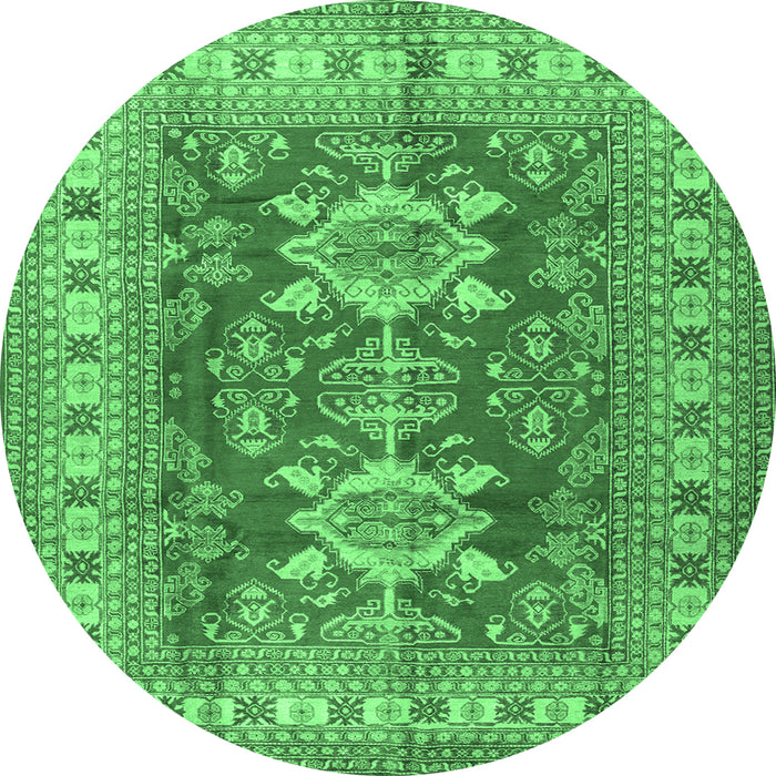 Round Geometric Emerald Green Traditional Rug, tr2715emgrn