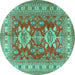 Round Machine Washable Geometric Turquoise Traditional Area Rugs, wshtr2715turq