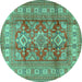 Round Machine Washable Geometric Turquoise Traditional Area Rugs, wshtr2716turq