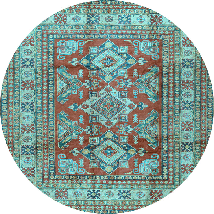 Round Machine Washable Geometric Light Blue Traditional Rug, wshtr2716lblu