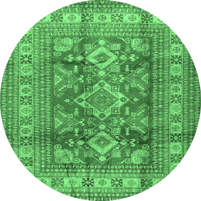 Round Geometric Emerald Green Traditional Rug, tr2716emgrn