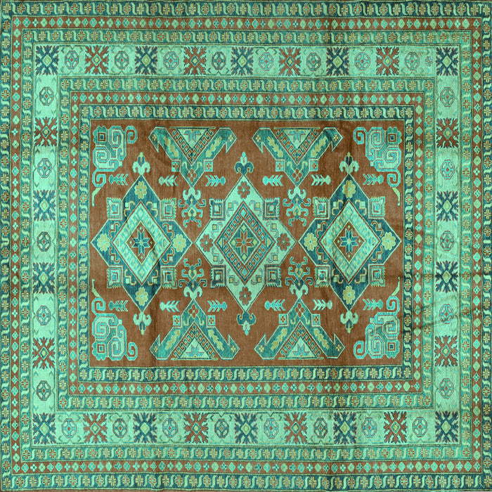 Square Machine Washable Geometric Turquoise Traditional Area Rugs, wshtr2716turq
