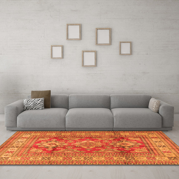 Machine Washable Geometric Orange Traditional Area Rugs in a Living Room, wshtr2716org