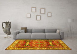 Machine Washable Geometric Yellow Traditional Rug in a Living Room, wshtr2717yw