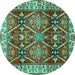 Round Machine Washable Geometric Turquoise Traditional Area Rugs, wshtr2717turq