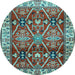 Round Machine Washable Geometric Light Blue Traditional Rug, wshtr2717lblu