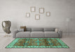 Machine Washable Geometric Turquoise Traditional Area Rugs in a Living Room,, wshtr2717turq
