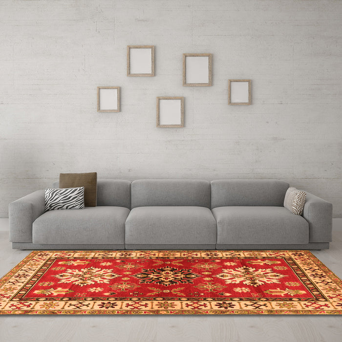 Machine Washable Geometric Orange Traditional Area Rugs in a Living Room, wshtr2718org