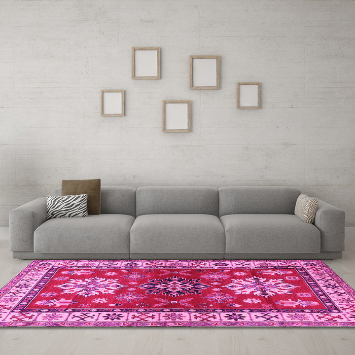 Machine Washable Geometric Pink Traditional Rug in a Living Room, wshtr2718pnk