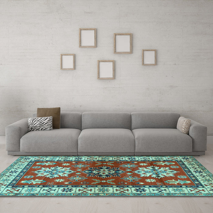Machine Washable Geometric Light Blue Traditional Rug in a Living Room, wshtr2718lblu