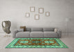 Machine Washable Geometric Turquoise Traditional Area Rugs in a Living Room,, wshtr2718turq