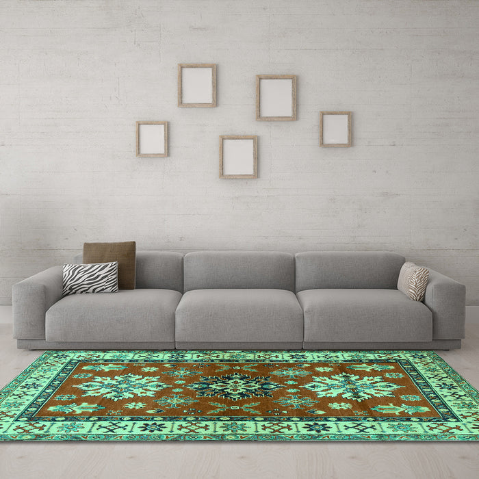 Machine Washable Geometric Turquoise Traditional Area Rugs in a Living Room,, wshtr2718turq