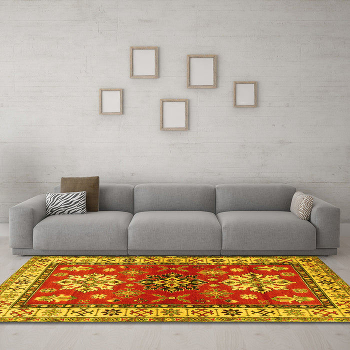 Machine Washable Geometric Yellow Traditional Rug in a Living Room, wshtr2718yw