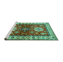 Sideview of Machine Washable Geometric Turquoise Traditional Area Rugs, wshtr2718turq