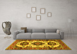Machine Washable Geometric Yellow Traditional Rug in a Living Room, wshtr2719yw
