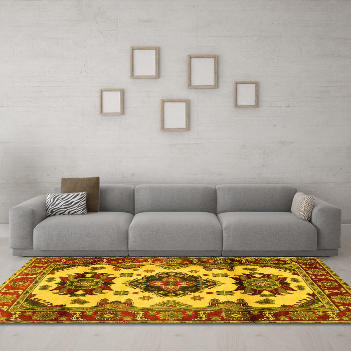 Machine Washable Geometric Yellow Traditional Rug in a Living Room, wshtr2719yw