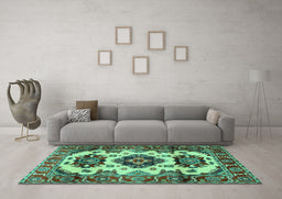 Machine Washable Geometric Turquoise Traditional Area Rugs in a Living Room,, wshtr2719turq