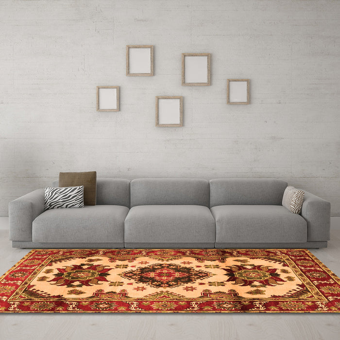 Machine Washable Geometric Orange Traditional Area Rugs in a Living Room, wshtr2719org