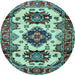 Round Machine Washable Geometric Light Blue Traditional Rug, wshtr2719lblu