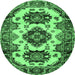 Round Machine Washable Geometric Emerald Green Traditional Area Rugs, wshtr2719emgrn