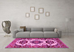 Machine Washable Geometric Pink Traditional Rug in a Living Room, wshtr2719pnk