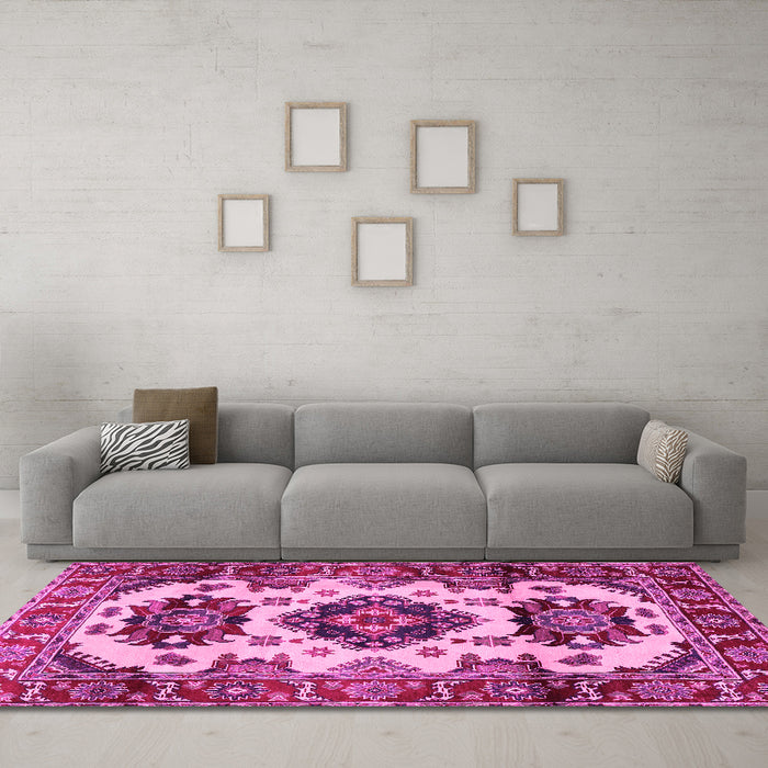 Machine Washable Geometric Pink Traditional Rug in a Living Room, wshtr2719pnk