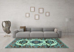 Machine Washable Geometric Light Blue Traditional Rug in a Living Room, wshtr2719lblu
