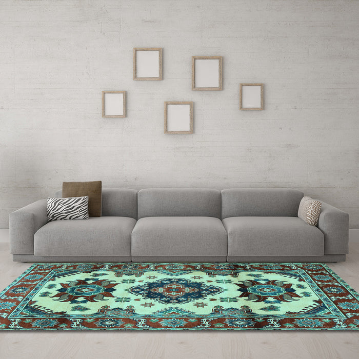 Machine Washable Geometric Light Blue Traditional Rug in a Living Room, wshtr2719lblu