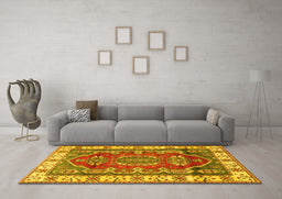 Machine Washable Geometric Yellow Traditional Rug in a Living Room, wshtr2720yw